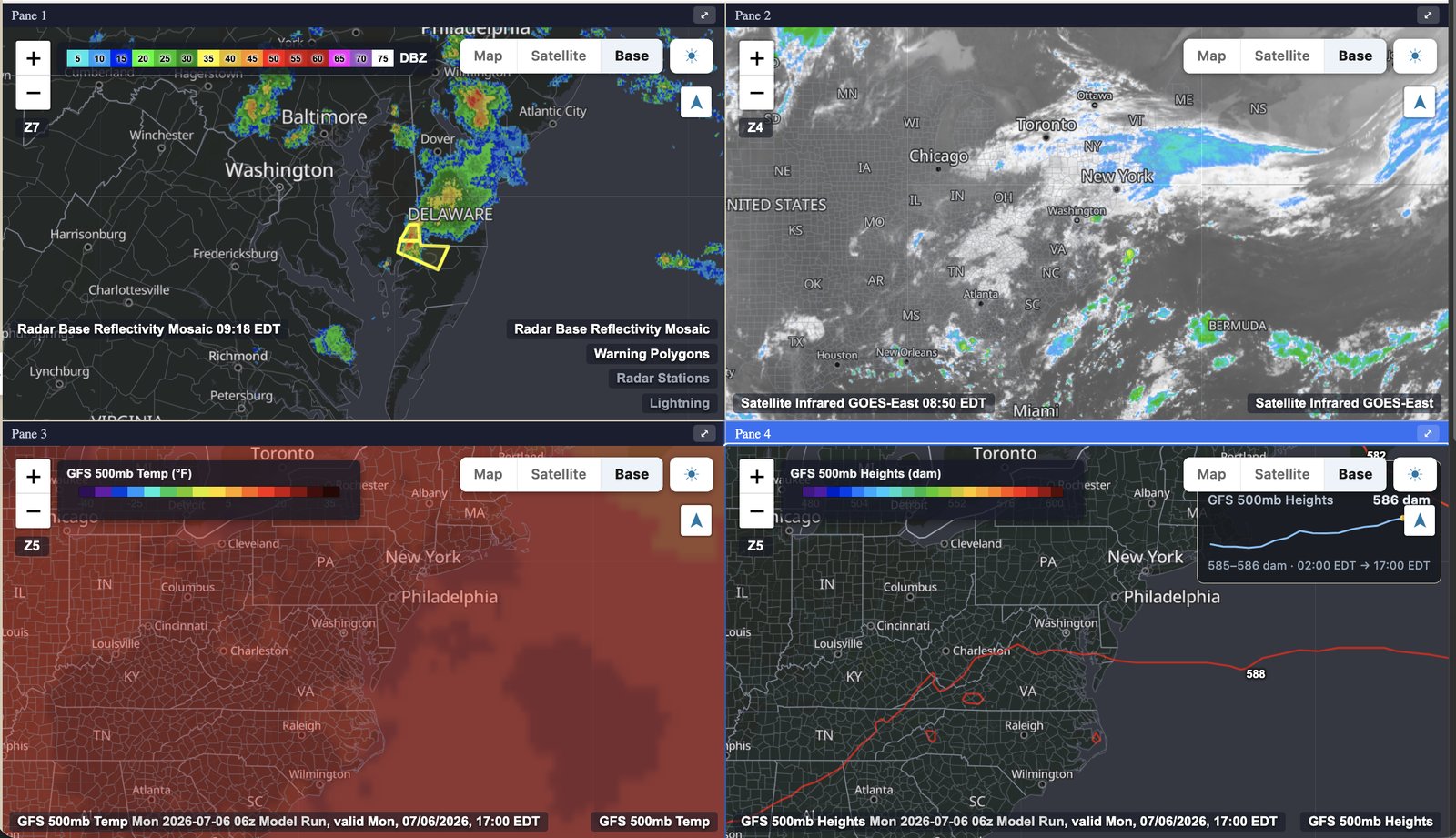 WAVE console with four synced panes: radar reflectivity mosaic with a warning polygon over Delaware, GOES-East infrared satellite, GFS 500 mb temperature, and GFS 500 mb heights with a point probe reading 586 dam